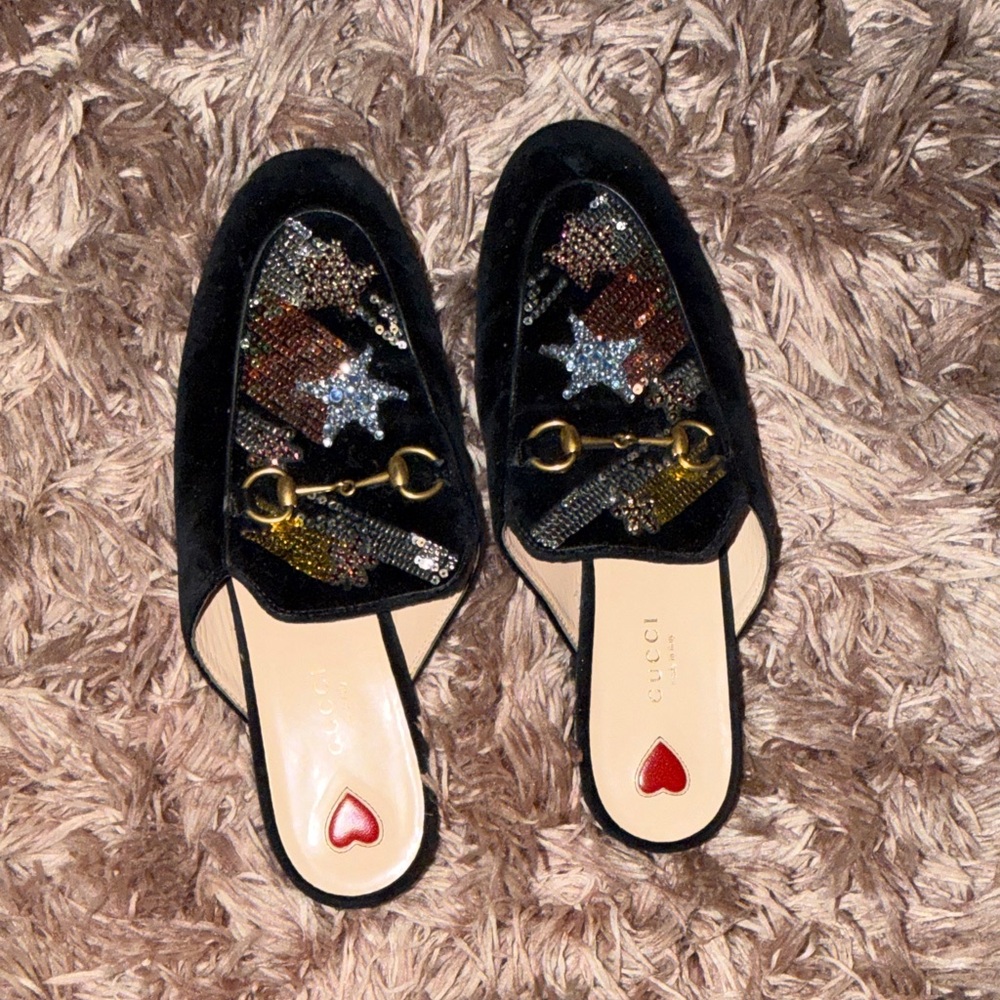 Gucci Women's Black Mules with Gold and Multicolor Embellishments